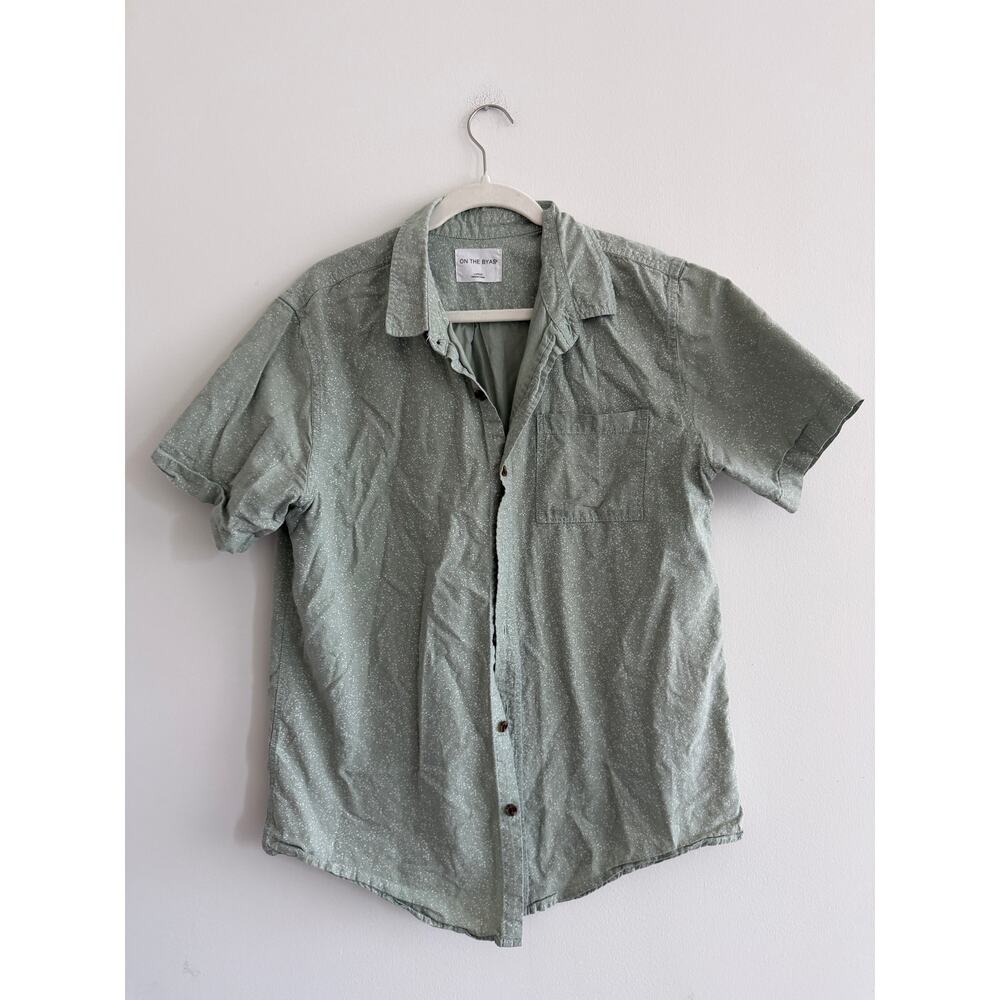 on the byas men sage green patterned button down short sleev